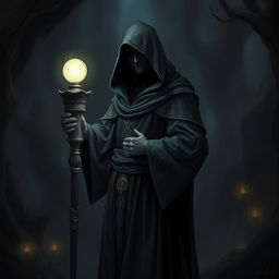 A mysterious hooded figure standing confidently, their face hidden in shadows, leaning on a tall, ornate staff