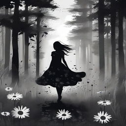 A high-quality digital art piece depicts a girl, her hair flowing in the wind, as she strides through a field of inky black daisies