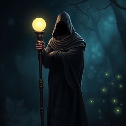 A mysterious hooded figure standing confidently, their face hidden in shadows, leaning on a tall, ornate staff