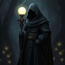 A mysterious hooded figure standing confidently, their face hidden in shadows, leaning on a tall, ornate staff