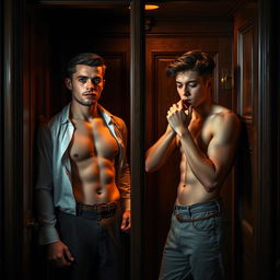 A provocative scene set inside a dimly lit confessional booth