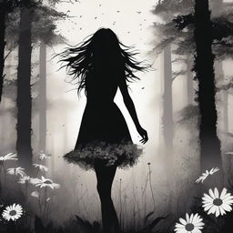 A high-quality digital art piece depicts a girl, her hair flowing in the wind, as she strides through a field of inky black daisies