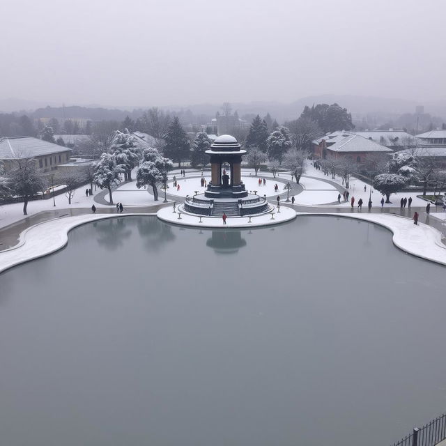 A snowy winter scene of Mananchira Square in Kozhikode, India, featuring a serene pond partially frozen with light snow covering the water's surface