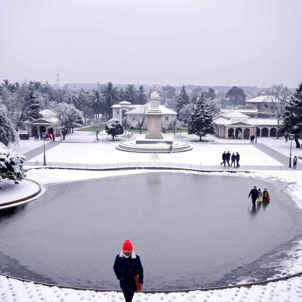 A snowy winter scene of Mananchira Square in Kozhikode, India, featuring a serene pond partially frozen with light snow covering the water's surface