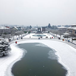 A snowy winter scene of Mananchira Square in Kozhikode, India, featuring a serene pond partially frozen with light snow covering the water's surface