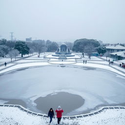 A snowy winter scene of Mananchira Square in Kozhikode, India, featuring a serene pond partially frozen with light snow covering the water's surface