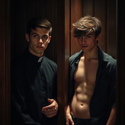 A scene inside a dimly lit confessional booth, partitioned by a wooden screen