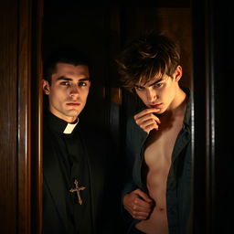 A scene inside a dimly lit confessional booth, partitioned by a wooden screen