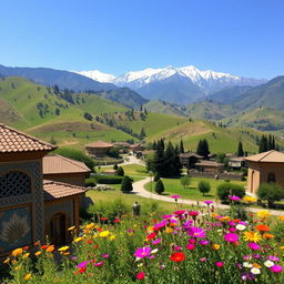 A scenic view of Kelardasht city in Iran, showcasing picturesque landscapes with rolling hills and lush greenery