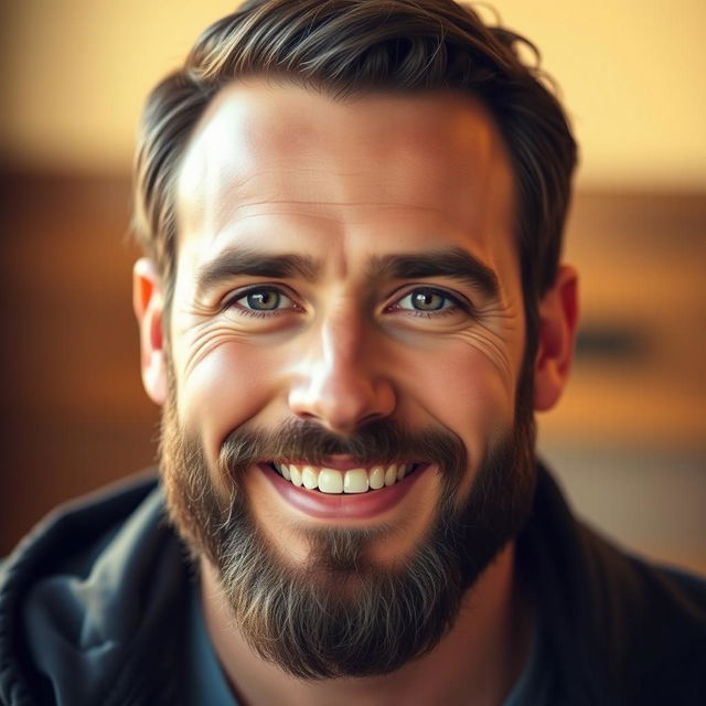 A portrait of a handsome man with a well-groomed beard, showcasing a confident smile