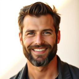 A portrait of a handsome man with a well-groomed beard, showcasing a confident smile