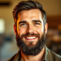 A portrait of a handsome man with a well-groomed beard, showcasing a confident smile