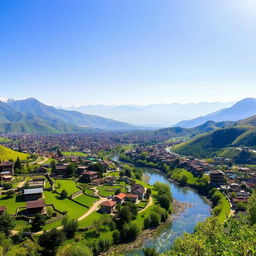 A breathtaking panoramic view of Kelardasht city in Iran, showcasing the lush green landscapes and rolling hills typical of the region
