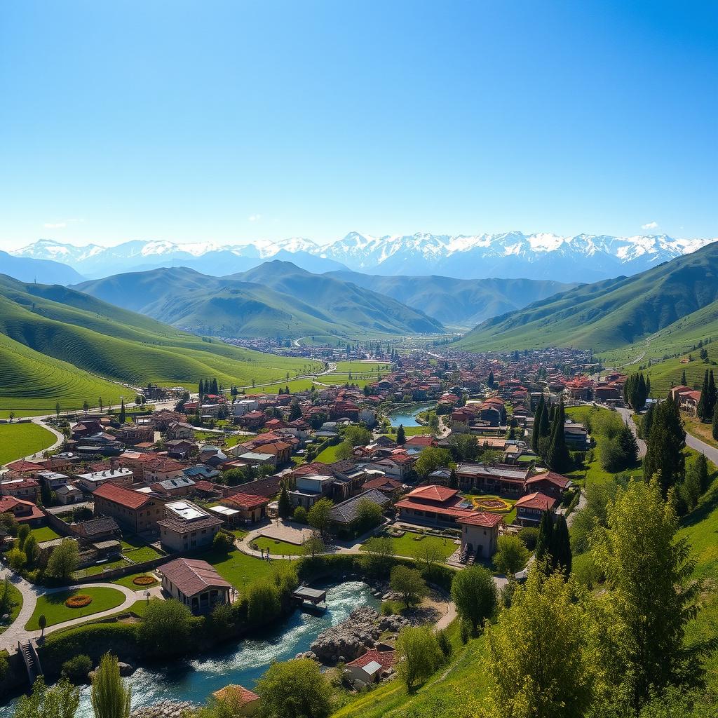 A breathtaking panoramic view of Kelardasht city in Iran, showcasing the lush green landscapes and rolling hills typical of the region