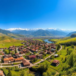 A breathtaking panoramic view of Kelardasht city in Iran, showcasing the lush green landscapes and rolling hills typical of the region