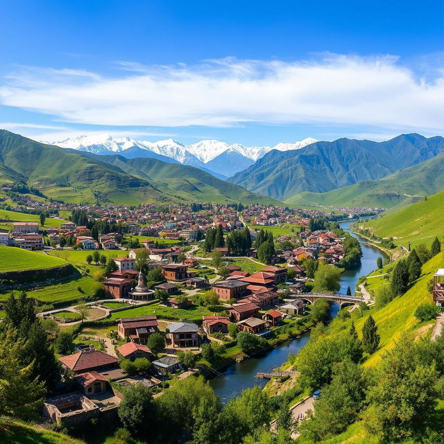 A breathtaking panoramic view of Kelardasht city in Iran, showcasing the lush green landscapes and rolling hills typical of the region