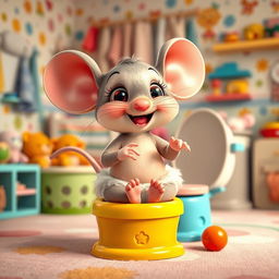 A whimsical and playful scene featuring a cute toddler mouse wearing a diaper, excitedly preparing for big potty time