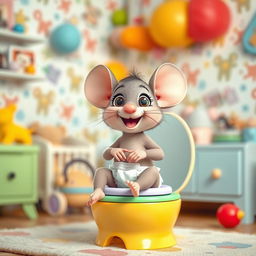 A whimsical and playful scene featuring a cute toddler mouse wearing a diaper, excitedly preparing for big potty time