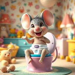 A whimsical and playful scene featuring a cute toddler mouse wearing a diaper, excitedly preparing for big potty time
