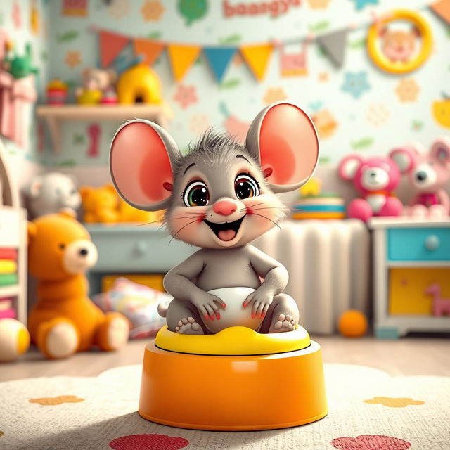 A whimsical and playful scene featuring a cute toddler mouse wearing a diaper, excitedly preparing for big potty time