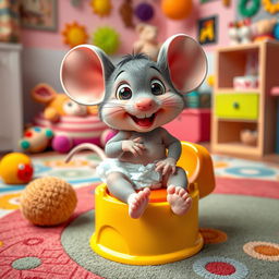 A cute and playful scene featuring an adorable baby toddler mouse wearing a diaper, gleefully preparing for big potty time