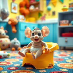 A cute and playful scene featuring an adorable baby toddler mouse wearing a diaper, gleefully preparing for big potty time