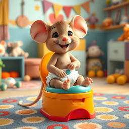 A cute and playful scene featuring an adorable baby toddler mouse wearing a diaper, gleefully preparing for big potty time