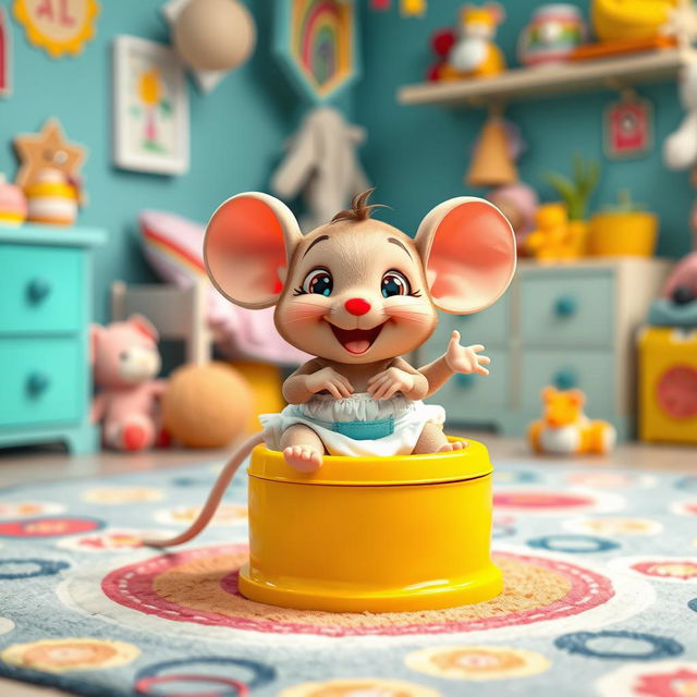 A cute and playful scene featuring an adorable baby toddler mouse wearing a diaper, gleefully preparing for big potty time