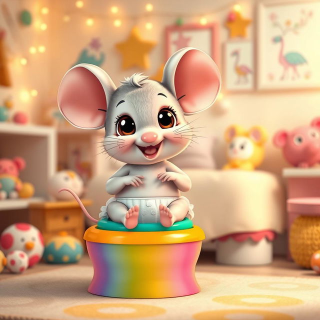 A charming and delightful scene depicting a cute toddler mouse dressed in a diaper, happily preparing for big potty time
