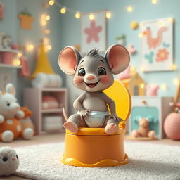 A charming and delightful scene depicting a cute toddler mouse dressed in a diaper, happily preparing for big potty time