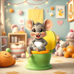 A charming and delightful scene depicting a cute toddler mouse dressed in a diaper, happily preparing for big potty time