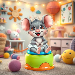 A charming and delightful scene depicting a cute toddler mouse dressed in a diaper, happily preparing for big potty time