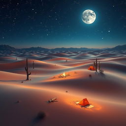 A digital artwork featuring a surreal and vibrant nighttime landscape, showcasing a vast desert under a starry sky filled with twinkling stars and a majestic moon