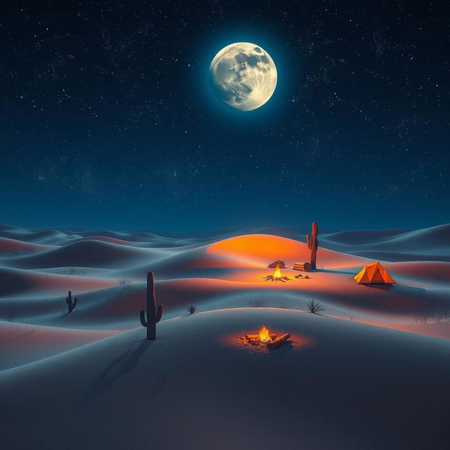 A digital artwork featuring a surreal and vibrant nighttime landscape, showcasing a vast desert under a starry sky filled with twinkling stars and a majestic moon