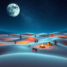 A digital artwork featuring a surreal and vibrant nighttime landscape, showcasing a vast desert under a starry sky filled with twinkling stars and a majestic moon