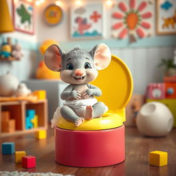 A charming and adorable scene featuring a diapered baby toddler mouse, excitedly preparing for big potty time