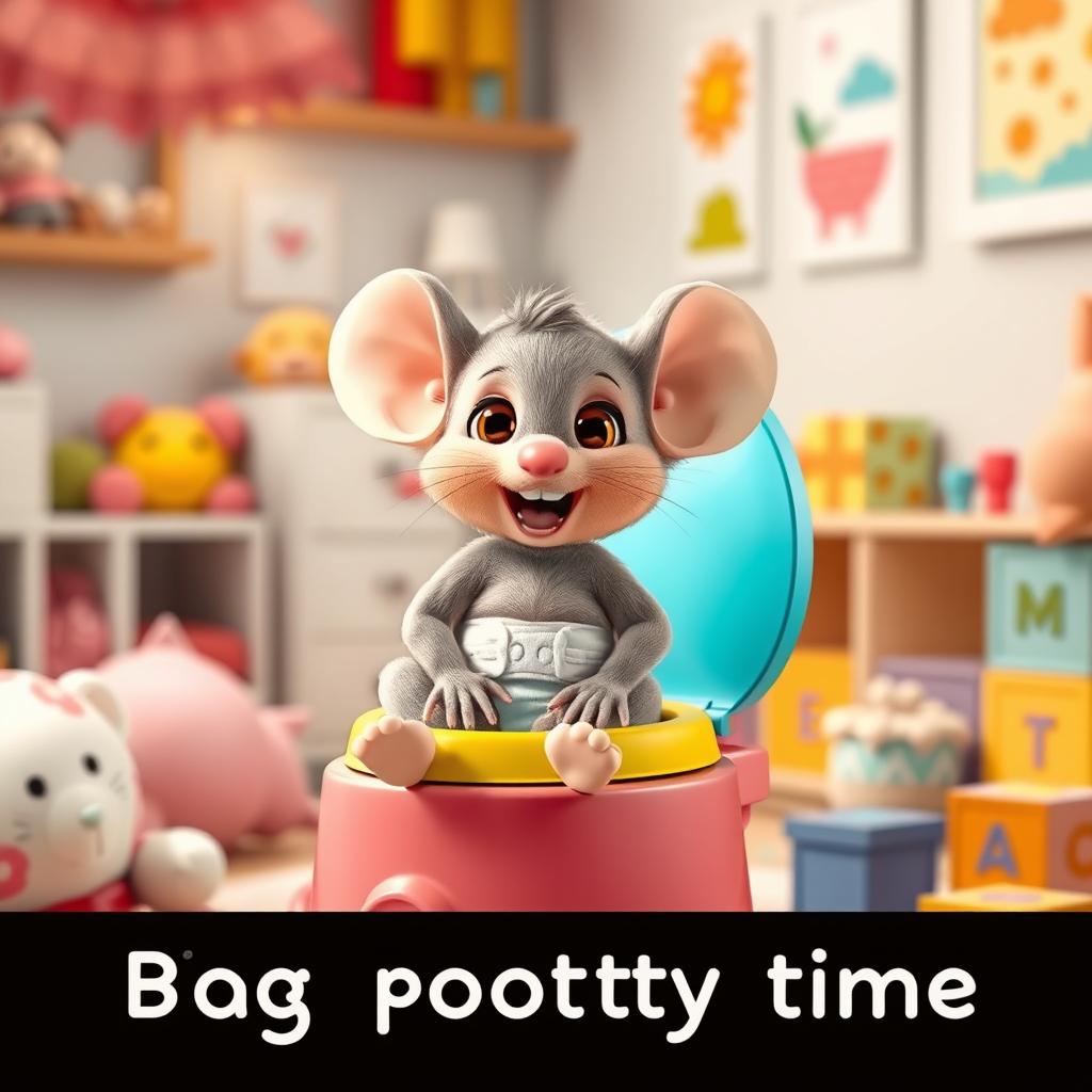 A charming and adorable scene featuring a diapered baby toddler mouse, excitedly preparing for big potty time