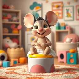 A charming and adorable scene featuring a diapered baby toddler mouse, excitedly preparing for big potty time