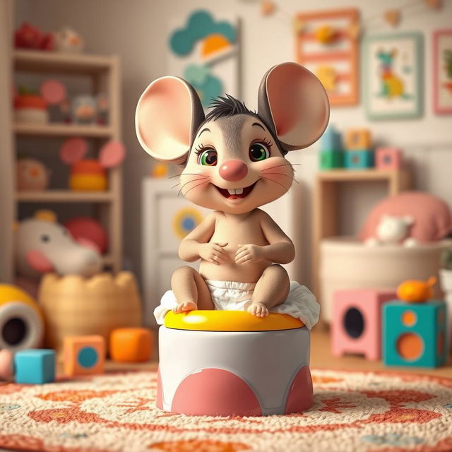 A charming and adorable scene featuring a diapered baby toddler mouse, excitedly preparing for big potty time