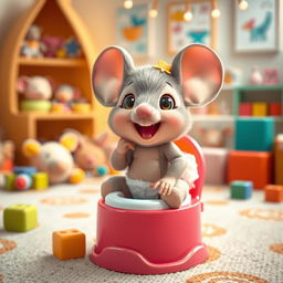 A charming and adorable scene featuring a diapered baby toddler mouse, excitedly preparing for big potty time
