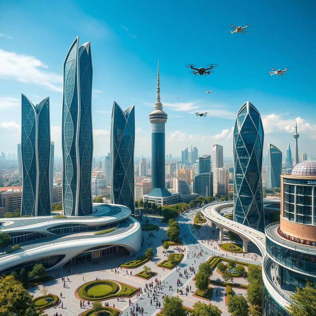 A futuristic cityscape of Tehran in the year 2030, showcasing advanced architecture blending traditional Iranian designs with modern technology