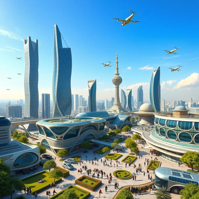 A futuristic cityscape of Tehran in the year 2030, showcasing advanced architecture blending traditional Iranian designs with modern technology