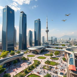 A futuristic cityscape of Tehran in the year 2030, showcasing advanced architecture blending traditional Iranian designs with modern technology