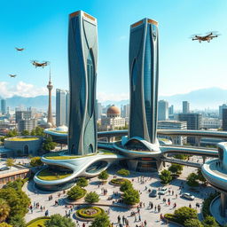 A futuristic cityscape of Tehran in the year 2030, showcasing advanced architecture blending traditional Iranian designs with modern technology