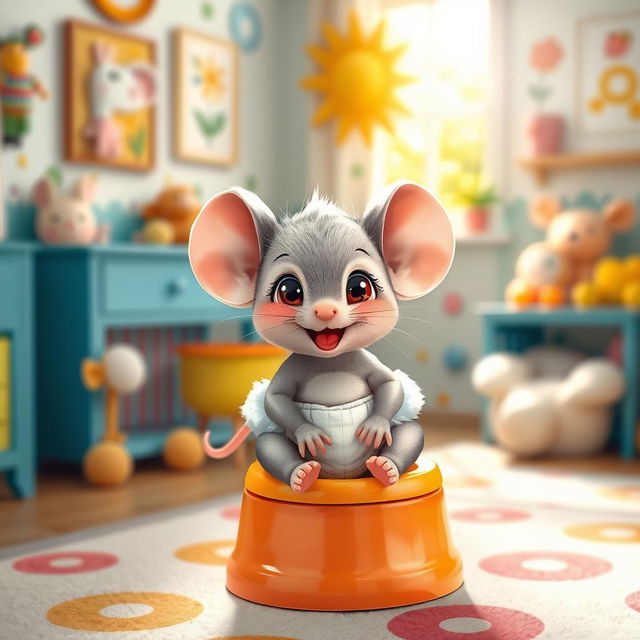 An adorable scene featuring a cute baby toddler mouse with a diaper around its ankles, playfully preparing for big potty time