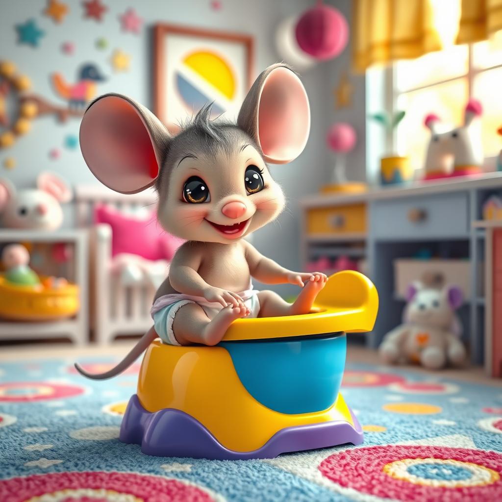 An adorable scene featuring a cute baby toddler mouse with a diaper around its ankles, playfully preparing for big potty time