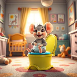 An adorable scene featuring a cute baby toddler mouse with a diaper around its ankles, playfully preparing for big potty time