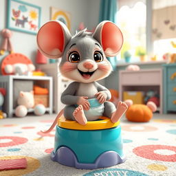 An adorable scene featuring a cute baby toddler mouse with a diaper around its ankles, playfully preparing for big potty time