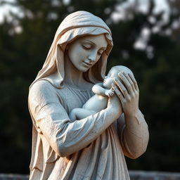 A powerful sculpture of a stone woman gracefully raising a newborn in her arms, symbolizing the beginning of life