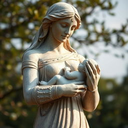 A powerful sculpture of a stone woman gracefully raising a newborn in her arms, symbolizing the beginning of life